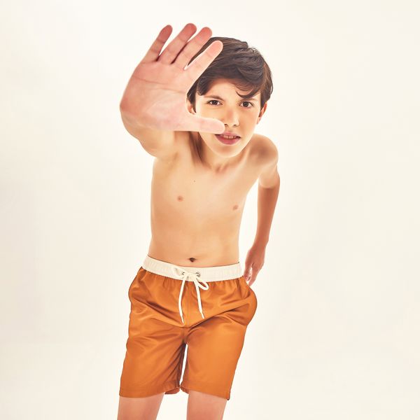 Shorts Acqua Boxer Infantil UV Com Proteção Solar Ocre/Off White