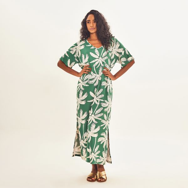 Saída de Praia Uv Com Proteção Solar Kaftan Estampa Coqueiro Verde