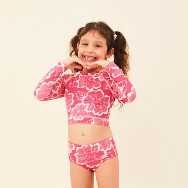 Biquíni Conjunto UV Hot Pant Infantil Com Proteção Solar Estampa Floral Fúcsia
